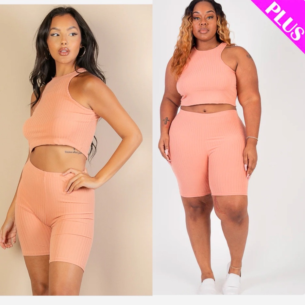 Peach Ribbed Women Shorts Set